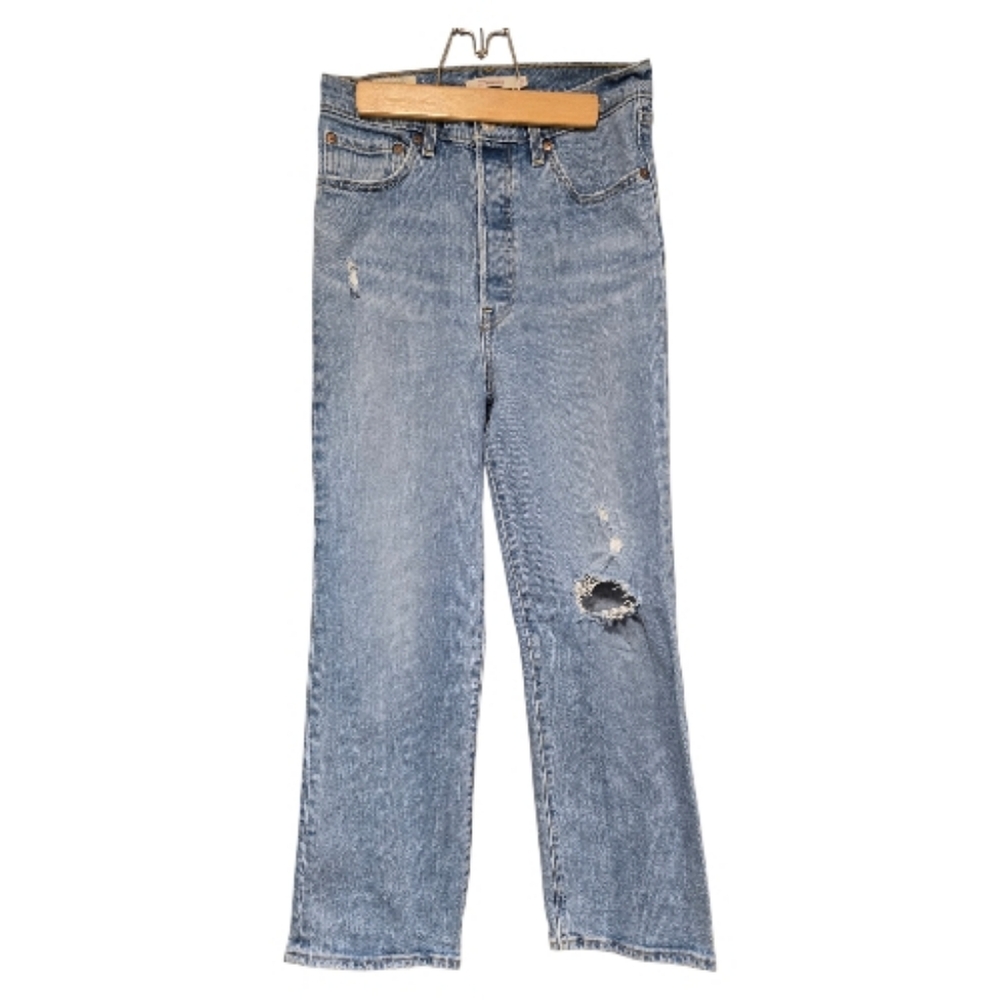 Levi's Women's Blue Distressed Jeans. Button Fly, Ribcage Straight, Washed Blue.